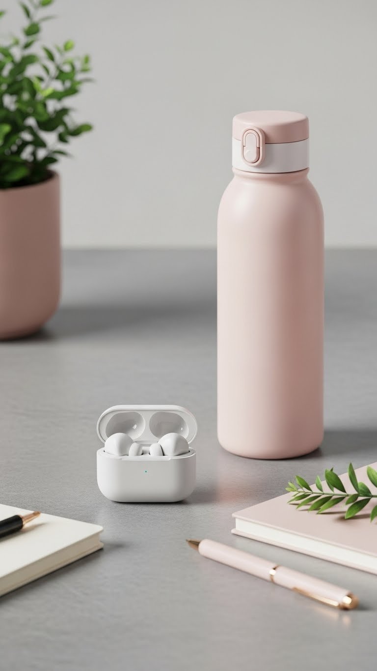 Sleek modern tech gadget like wireless earbuds showcased on minimalist concrete surface