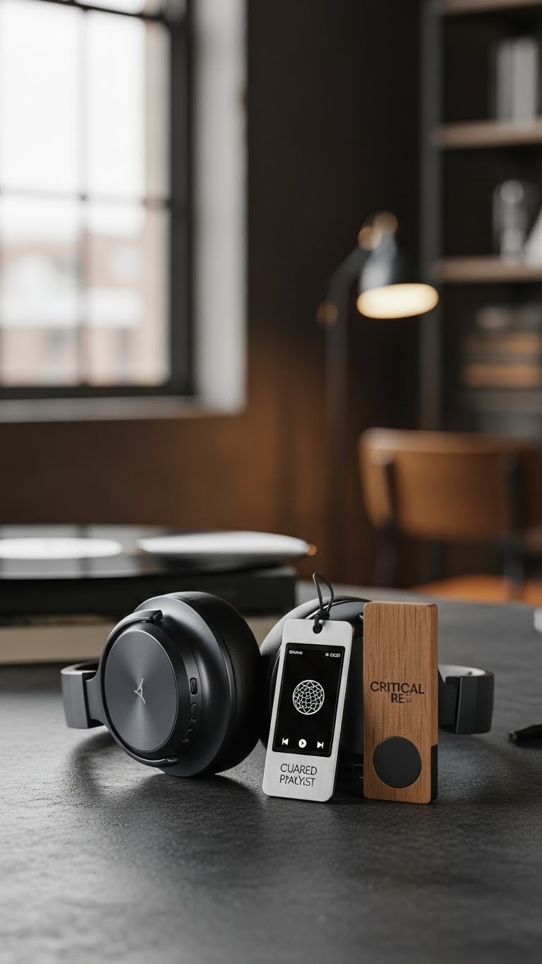 Sleek noise-canceling headphones beside custom engraved metal tag on textured concrete surface