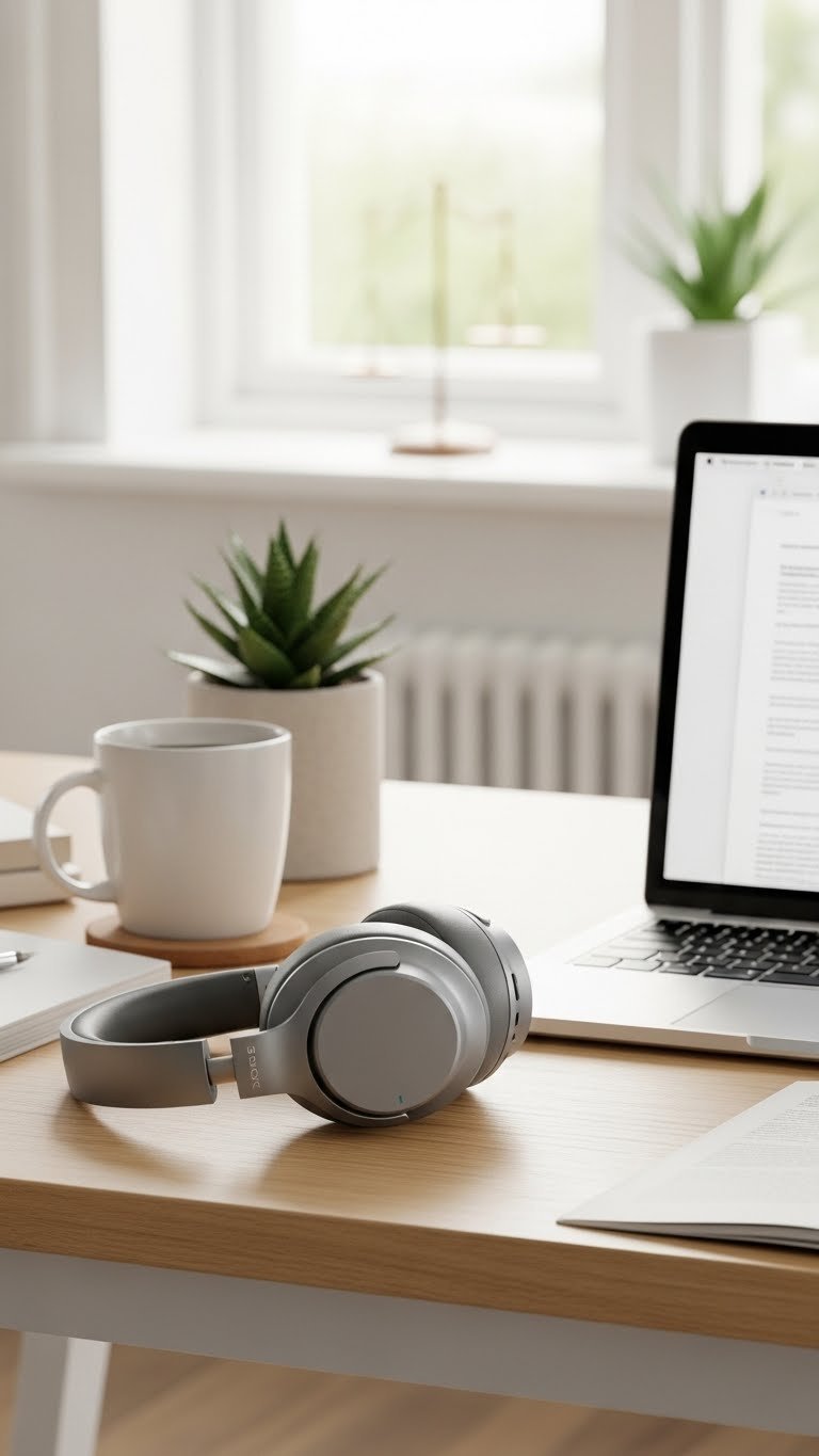 Sleek noise-cancelling headphones on modern desk with laptop and coffee mug in bright home office environment