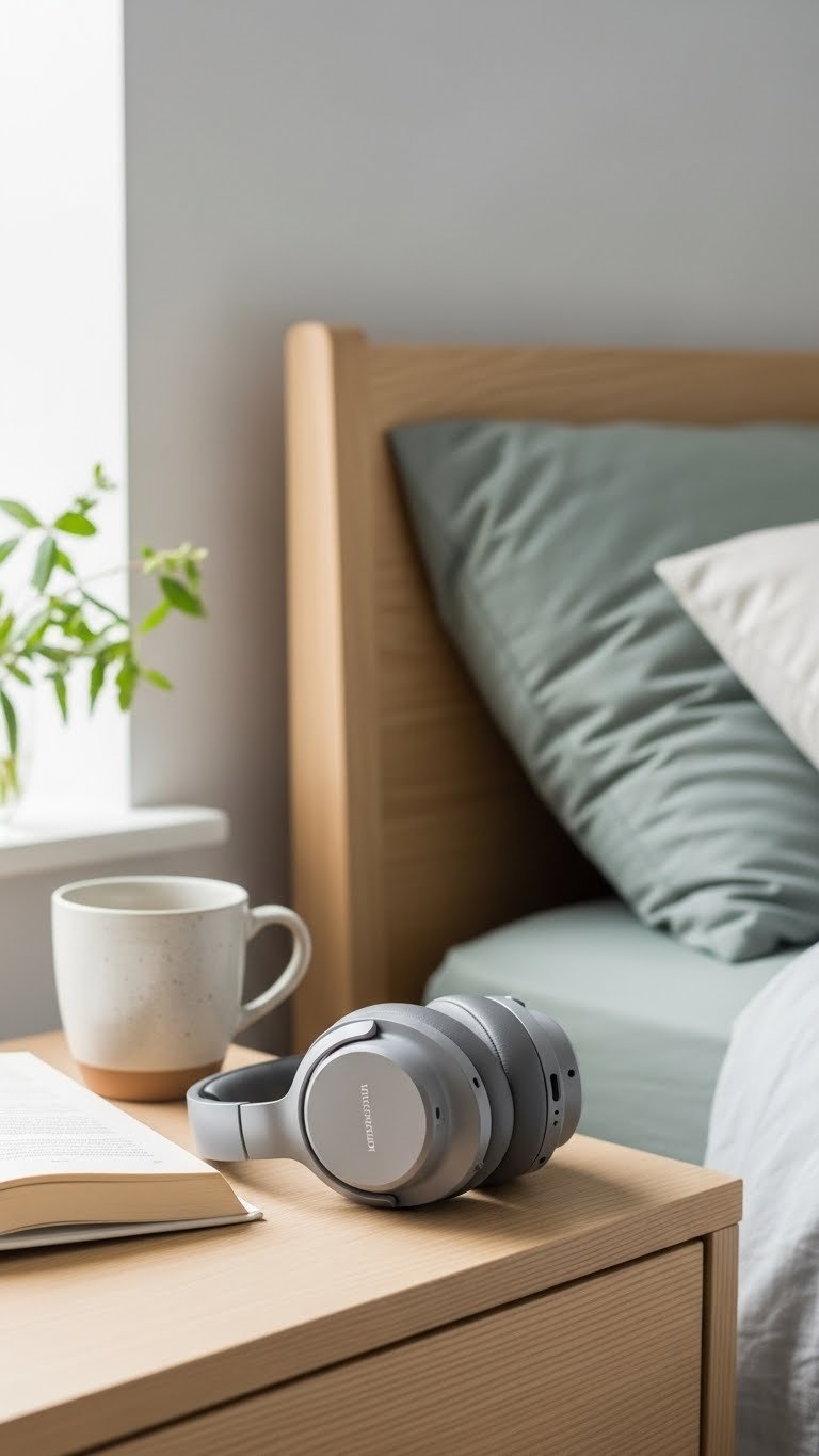 Sleek noise-cancelling headphones on wooden bedside table with book and ceramic mug in bedroom setting