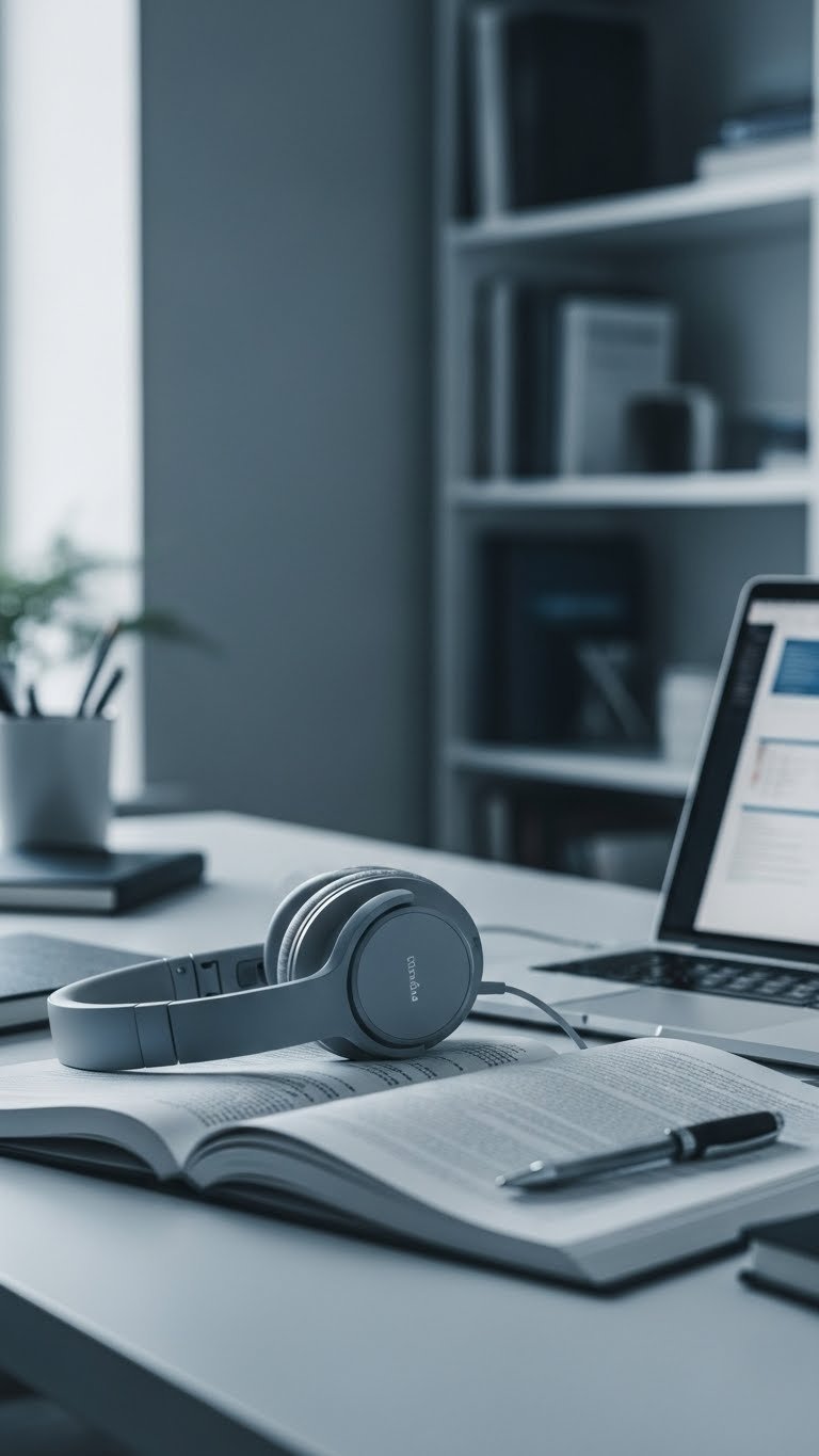 Sleek noise-cancelling headphones resting on minimalist desk beside medical textbook in focused workspace