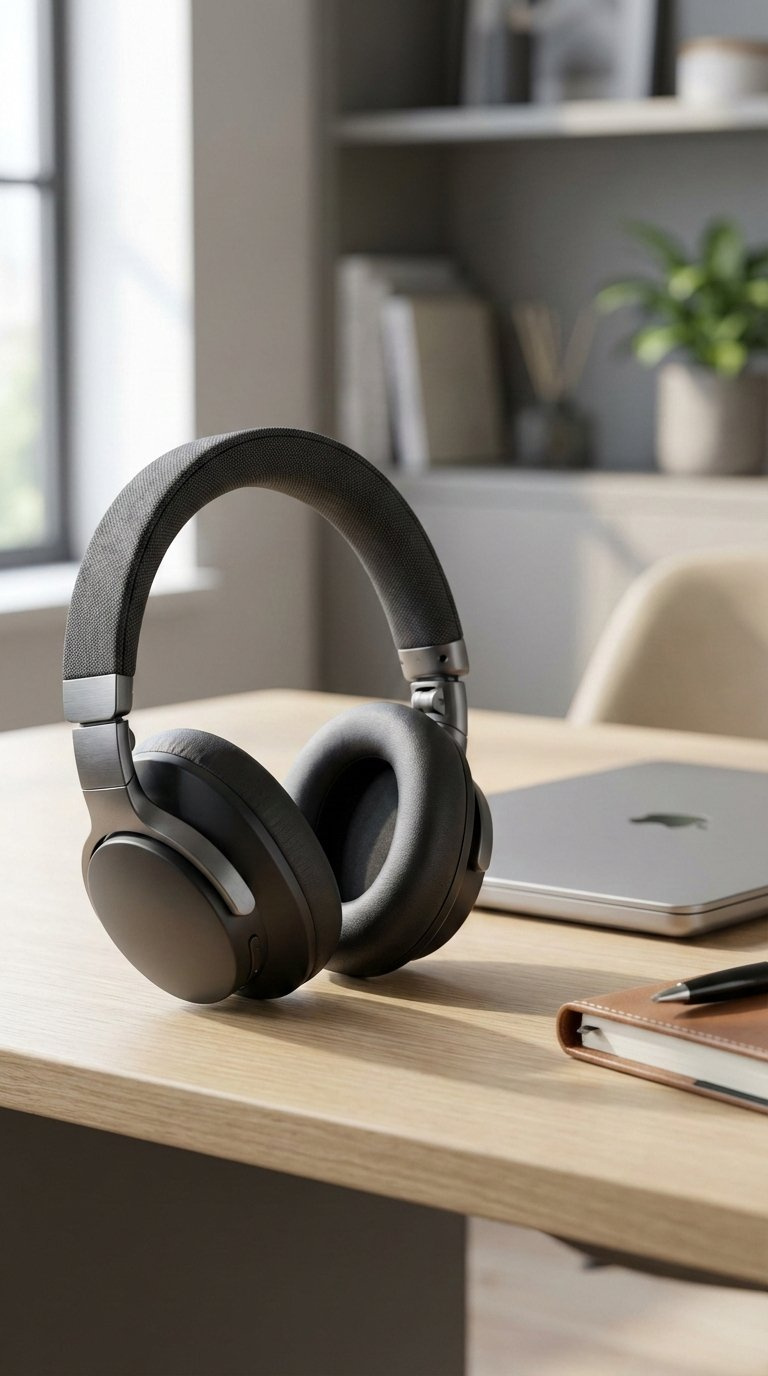 Sleek noise-cancelling headphones resting on modern desk with home office background and soft lighting