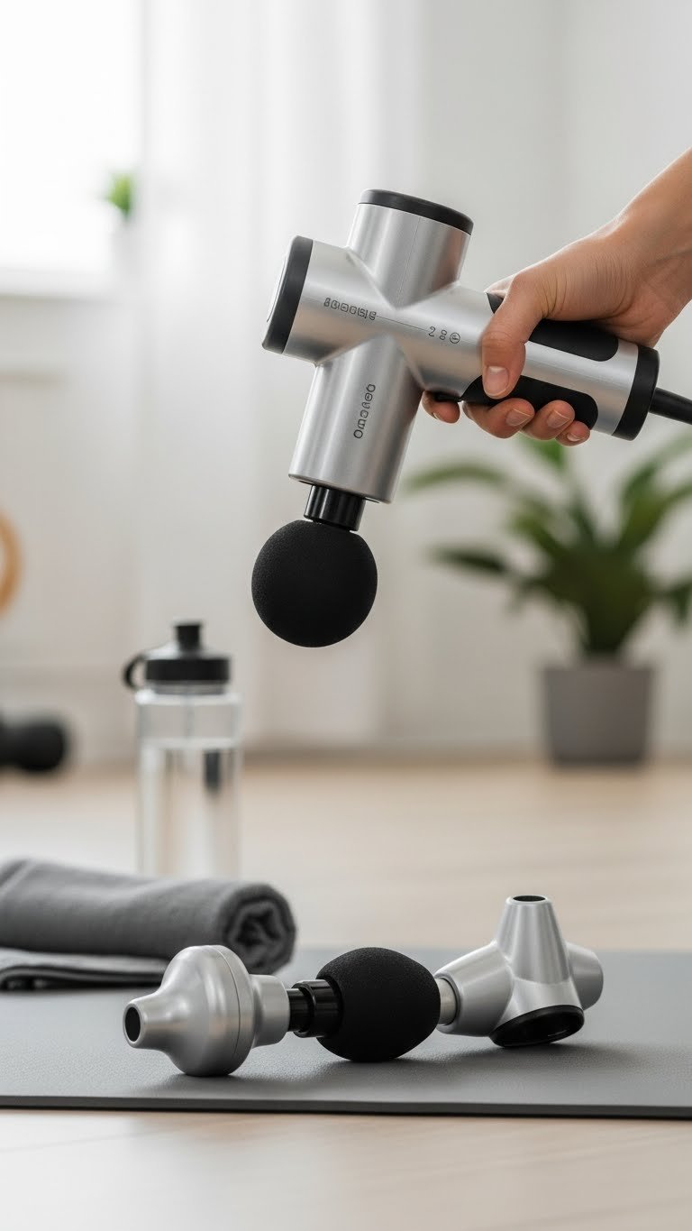 Sleek percussion massage gun with interchangeable head resting on yoga mat in home gym setting