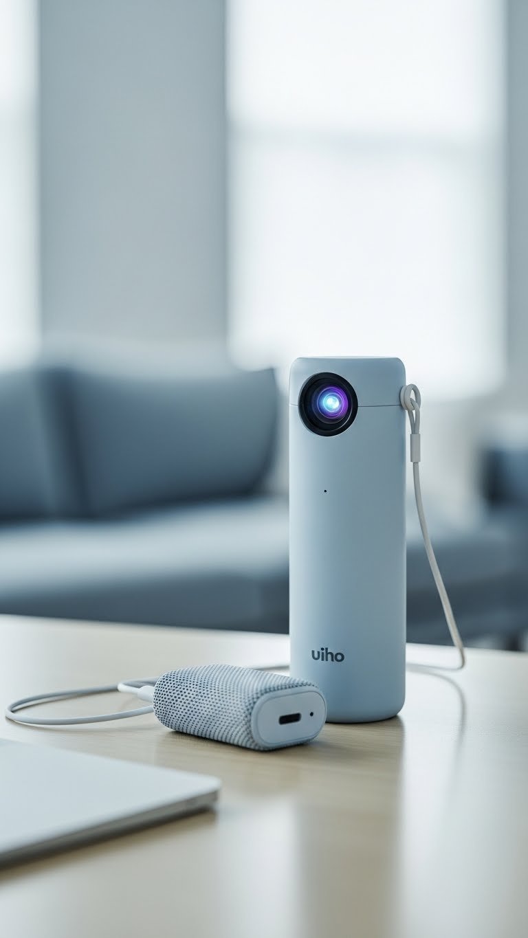 Sleek portable Bluetooth speaker on minimalist desk surface with charging cable and soft bokeh background in modern interior