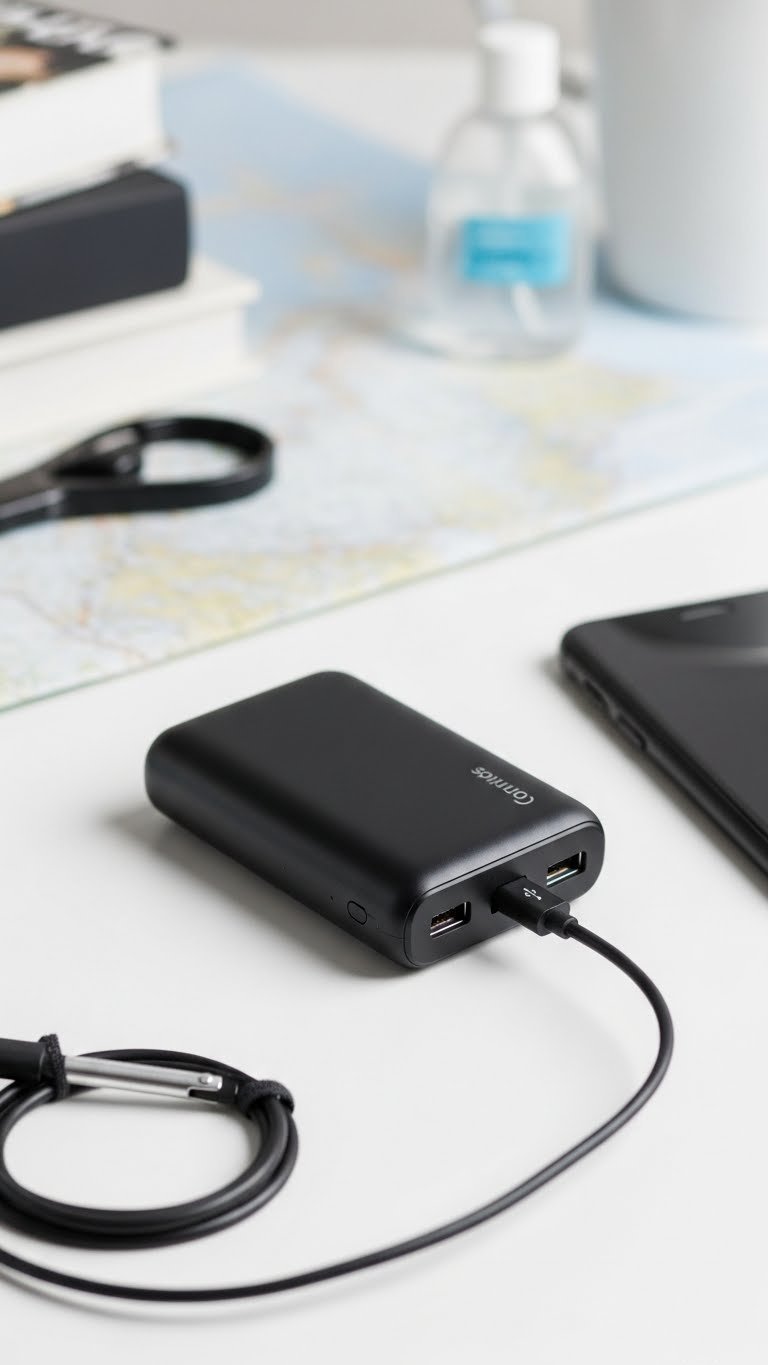 Sleek portable charger with charging cable connected to smartphone on wooden desk setup