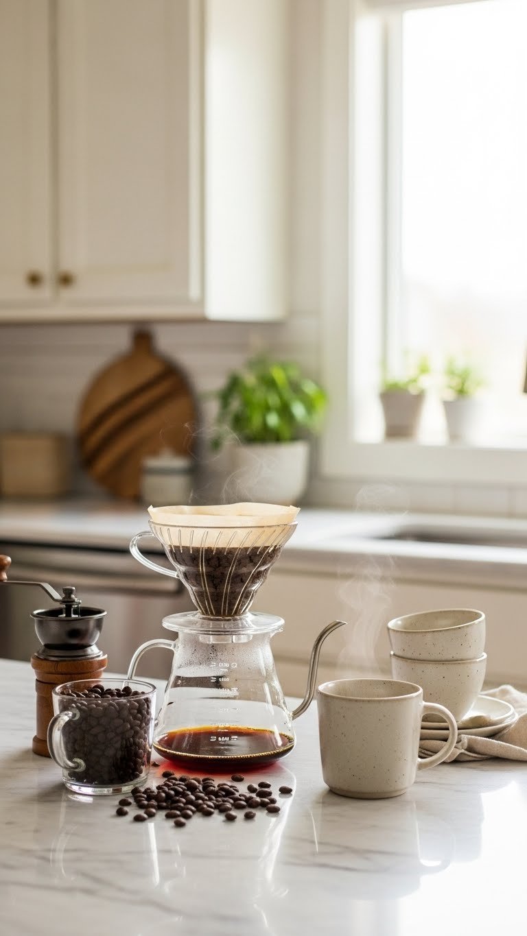 Sleek pour-over coffee maker with dark roasted beans and steaming mug on marble kitchen countertop