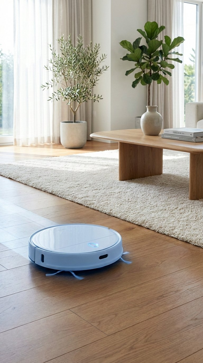 Sleek robot vacuum cleaner actively cleaning hardwood floor in modern uncluttered living room.