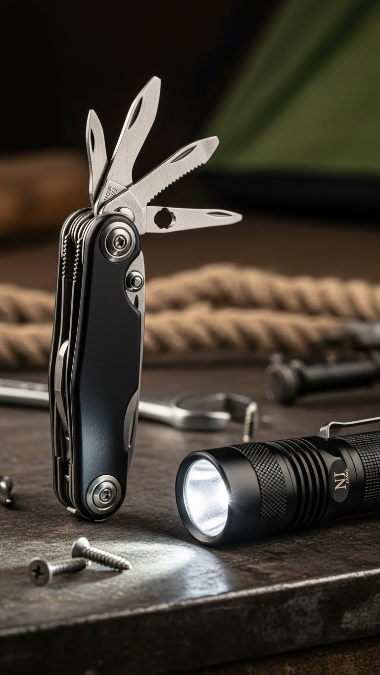 Sleek silver multi-tool with extended implements on distressed metal surface with rugged outdoor background