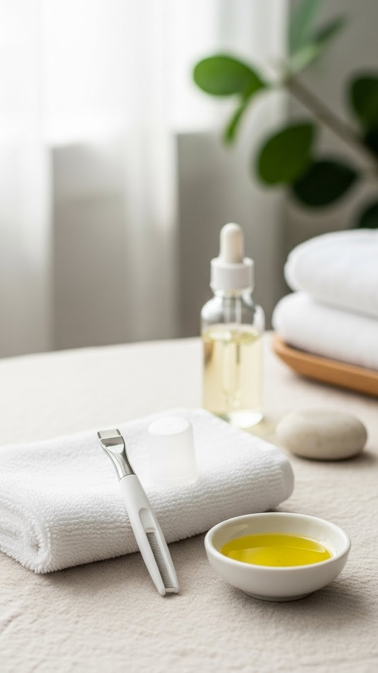 Sleek single-blade dermaplaning tool with protective cap on white towel next to facial oil dish for skincare routine