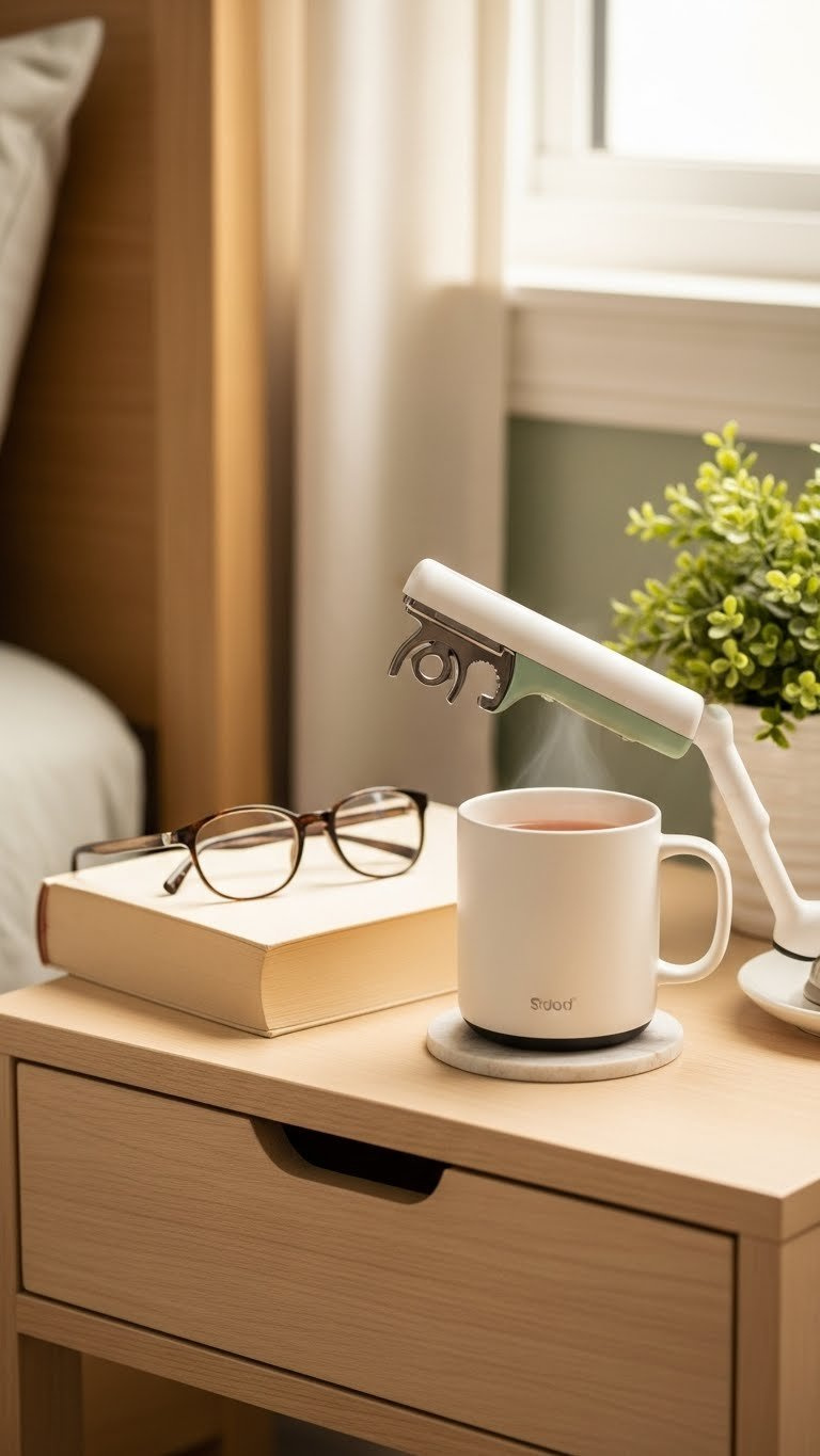 Sleek smart mug keeping tea warm on bedside table with book and reading glasses in soft natural window light