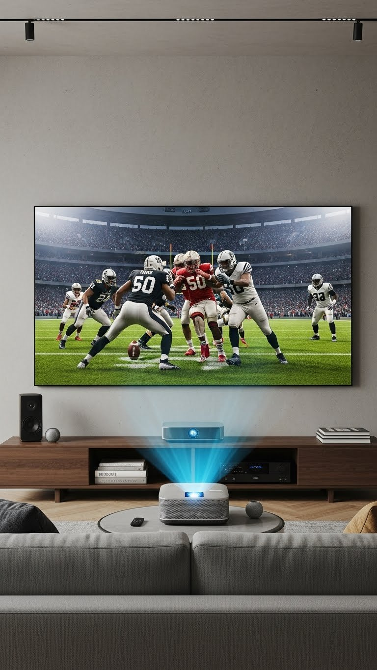 Sleek smart projector casting football game on wall with minimalist sofa and audio equipment in modern living room