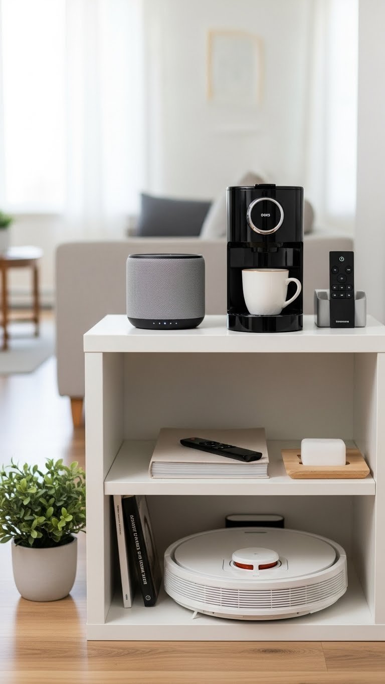 Sleek smart speaker integrated with coffee maker on minimalist shelf in contemporary living space with modern lighting