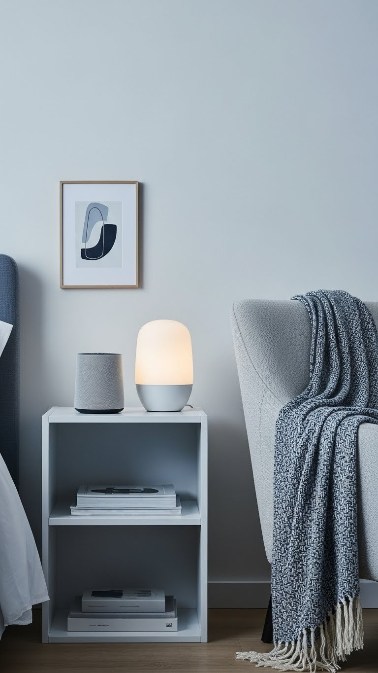 Sleek smart speaker on minimalist bedside table with ambient lamp and textured throw blanket