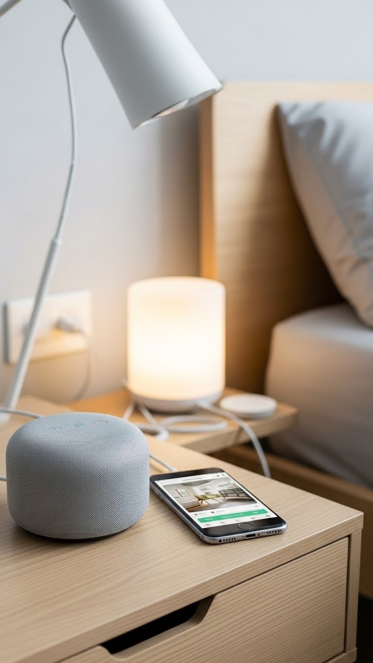 Sleek smart speaker on minimalist bedside table with smartphone displaying home control app