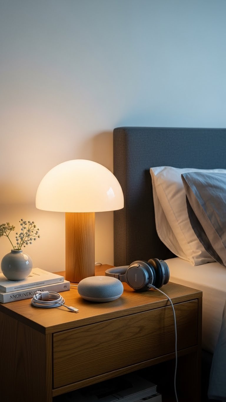 Sleek smart speaker on wooden nightstand with linen sheets and noise-canceling headphones in minimalist bedroom