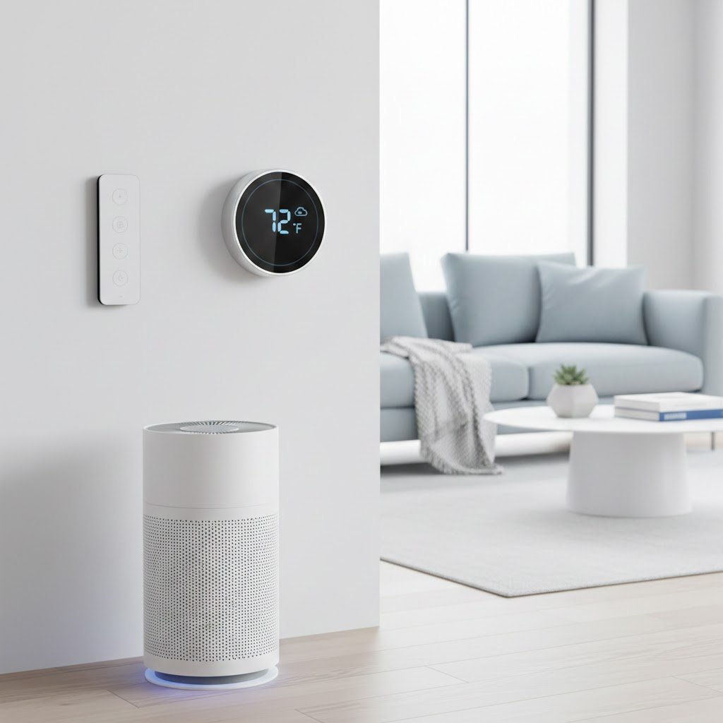 Sleek smart thermostat with glowing display integrated into modern white wall living room interior