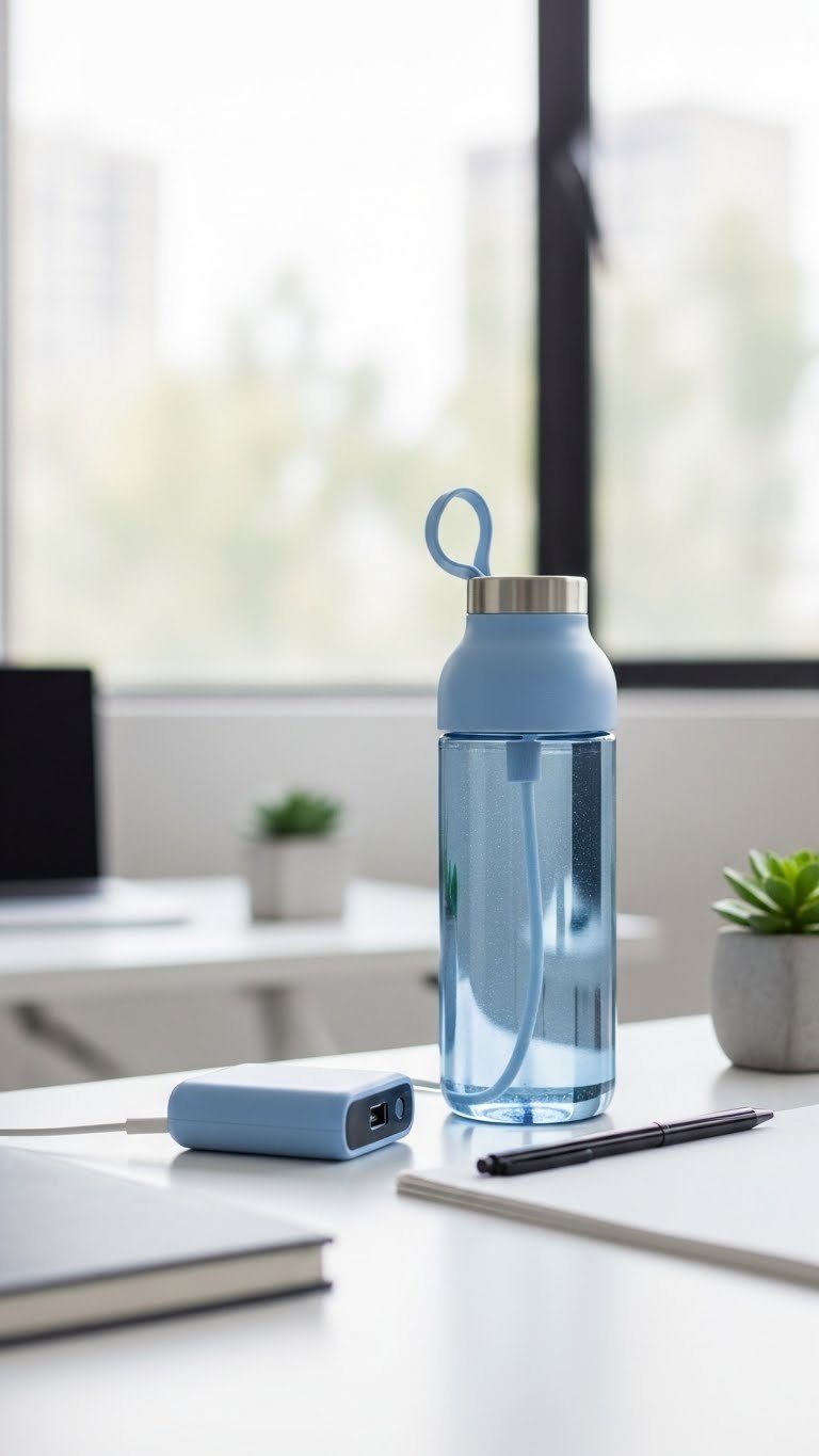 Sleek smart water bottle and portable charger integrated into minimalist desk setup with succulent plant