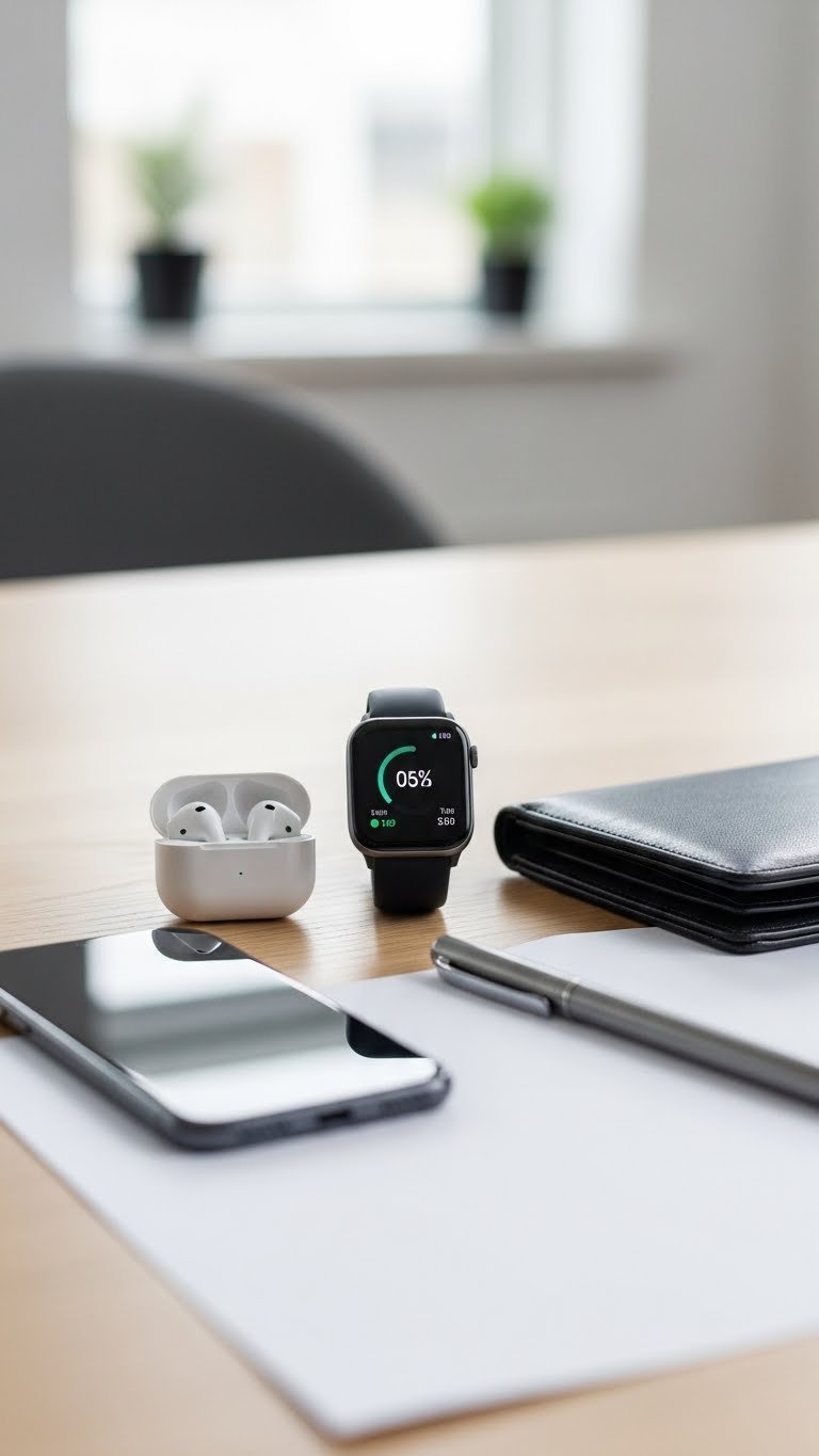 Sleek smartphone, minimalist smartwatch, and wireless earbuds arranged on clean desk with modern tech aesthetic