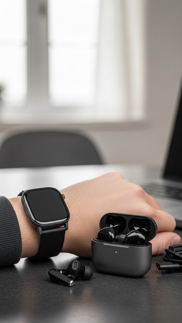 Sleek smartwatch on masculine wrist with wireless earbuds charging case on dark stone surface in minimalist tech setup