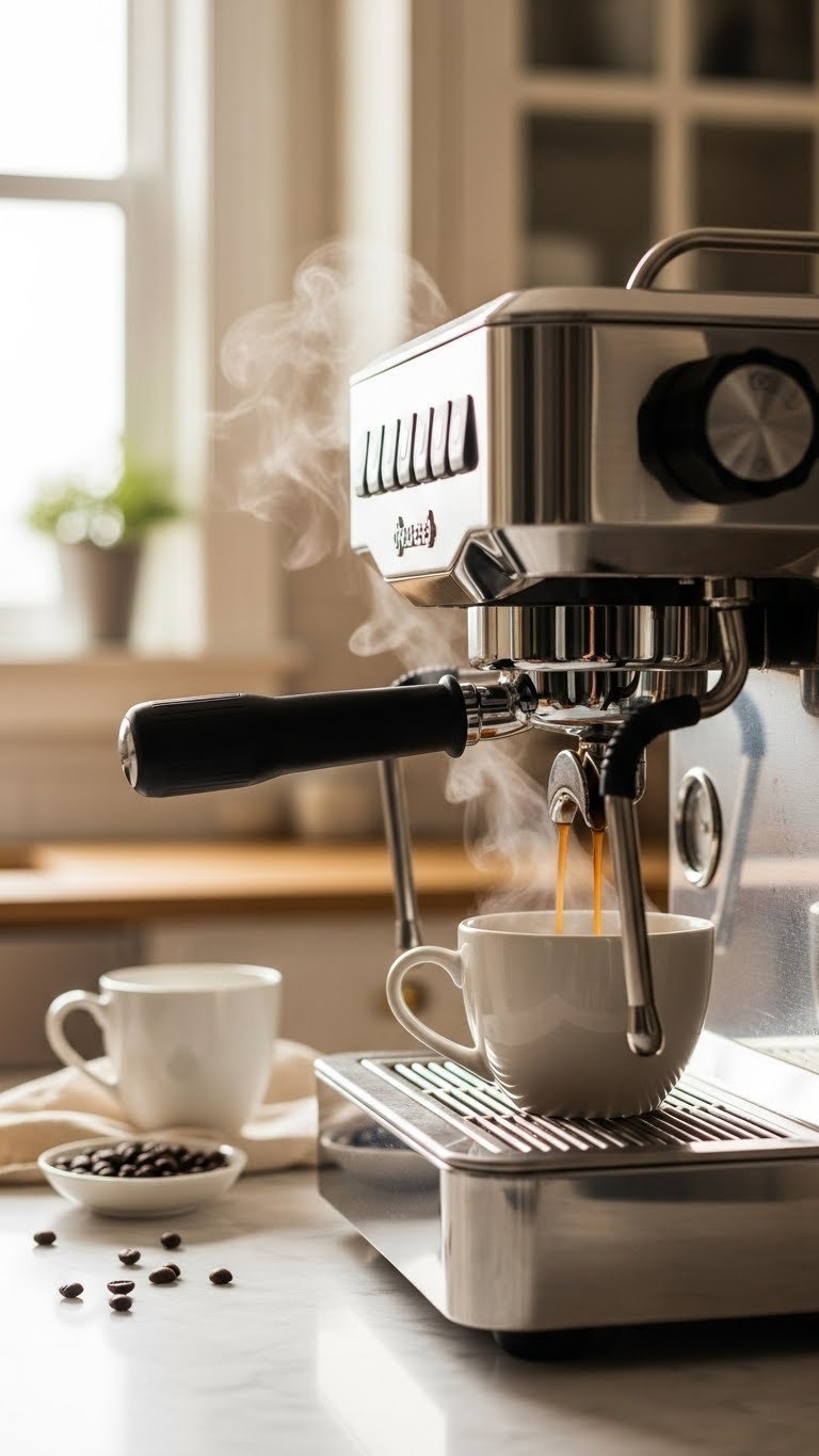 Sleek stainless steel espresso machine pouring dark coffee into ceramic mug on marble countertop with soft steam rising