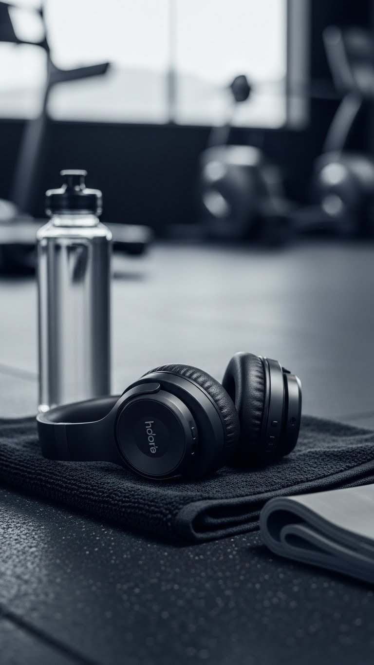 Sleek sweat-resistant over-ear athletic headphones resting on textured gym towel with blurred gym equipment background