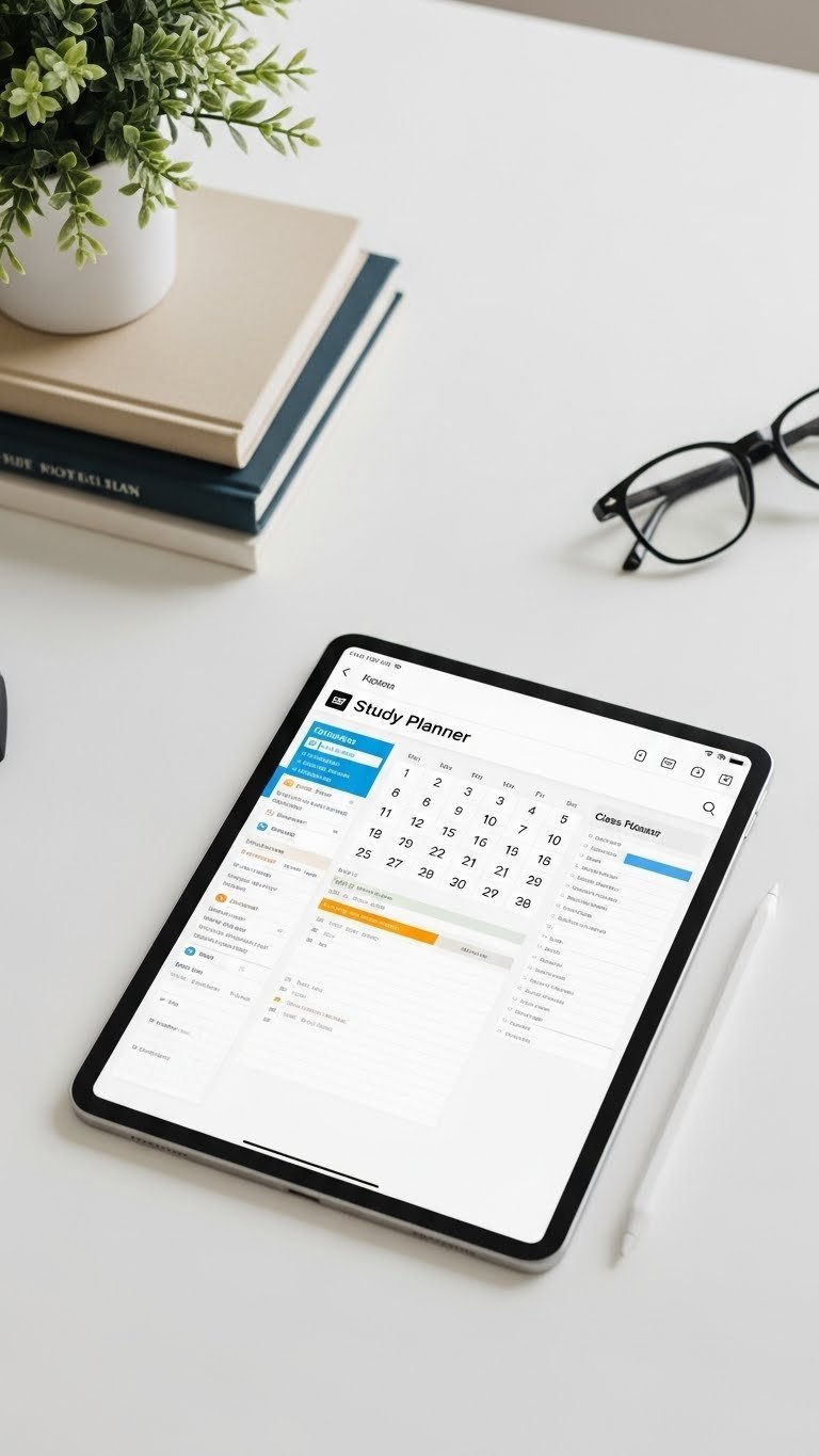 Sleek tablet displaying digital study planner with stylus on academic desk setup