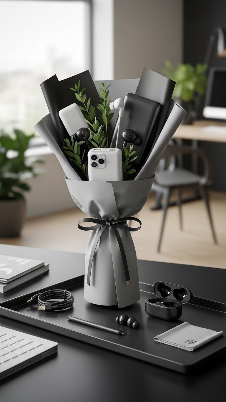 Sleek tech gadget bouquet featuring compact tech accessories arranged on dark matte surface