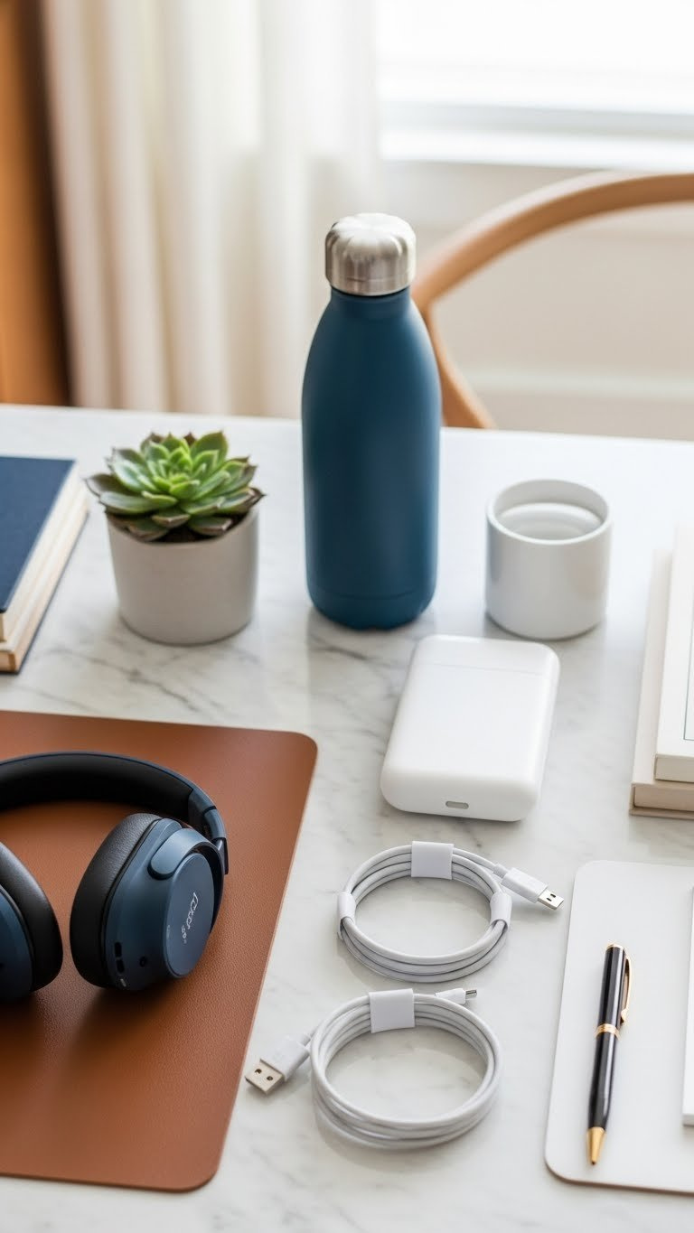Sleek tech gadget kit featuring noise-canceling headphones and portable charger arranged on minimalist desk with clean aesthetic