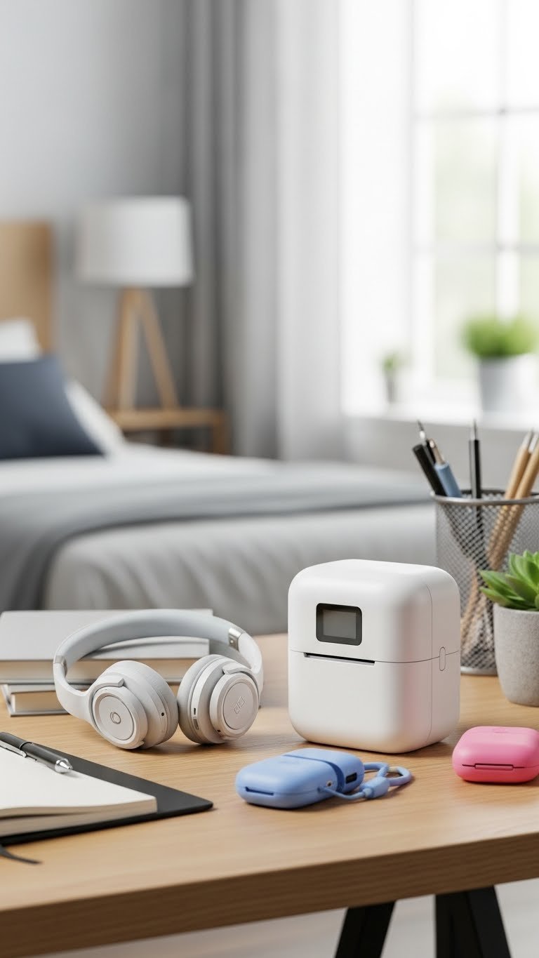 Sleek tech gadgets including wireless headphones and portable printer arranged on modern wooden desk