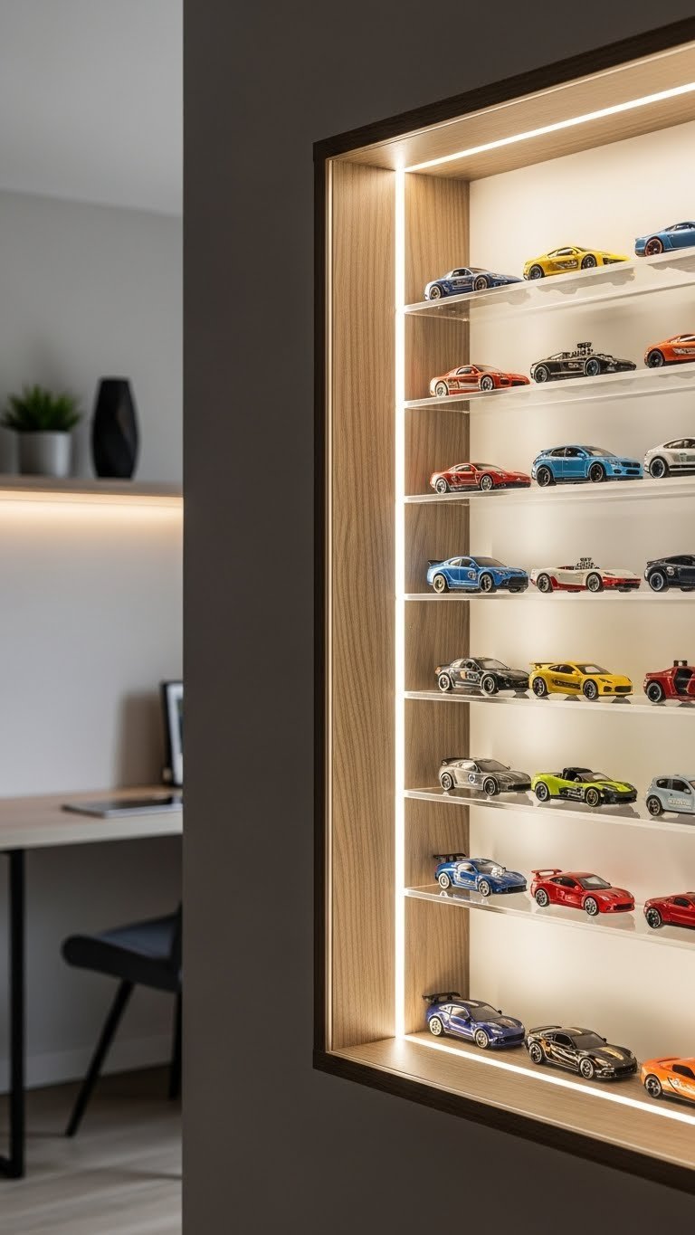 Sleek wall-mounted Hot Wheels display case with integrated LED lighting showcasing vibrant diecast cars in organized compartments.