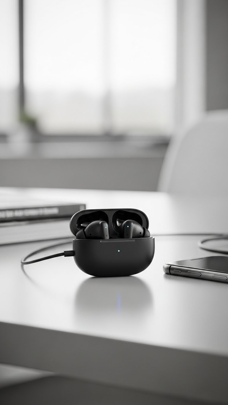 Sleek wireless earbuds in charging case on modern desk with subtle reflection and charging cable
