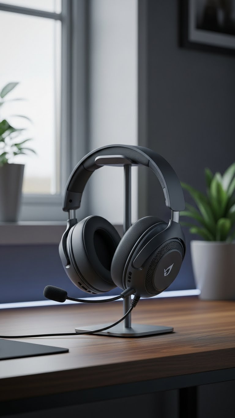 Sleek wireless gaming headset with plush earcups resting on minimalist stand on dark wooden desk with soft natural lighting
