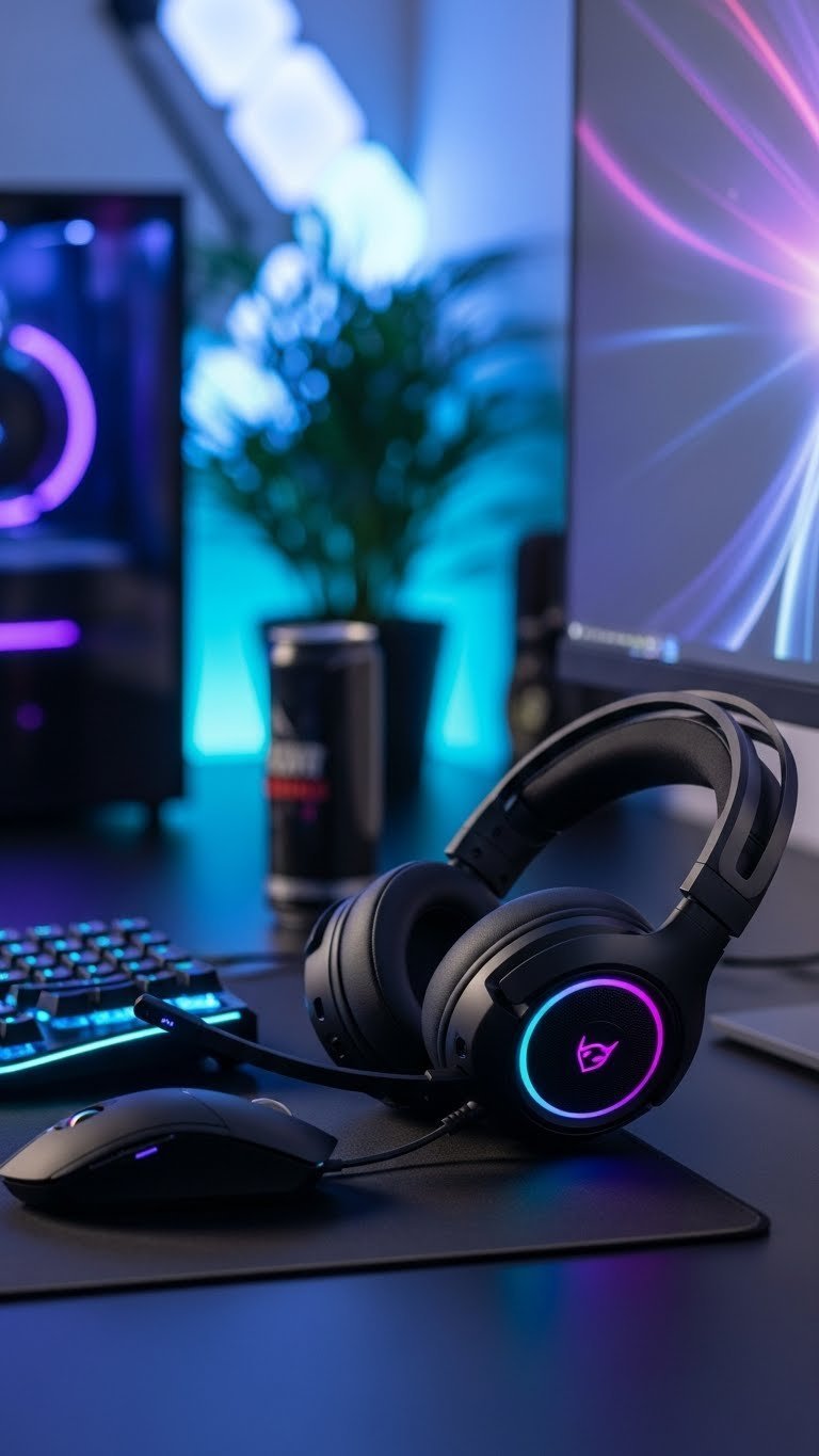 Sleek wireless gaming headset with vibrant LED accents resting on minimalist desk next to glowing gaming monitor setup