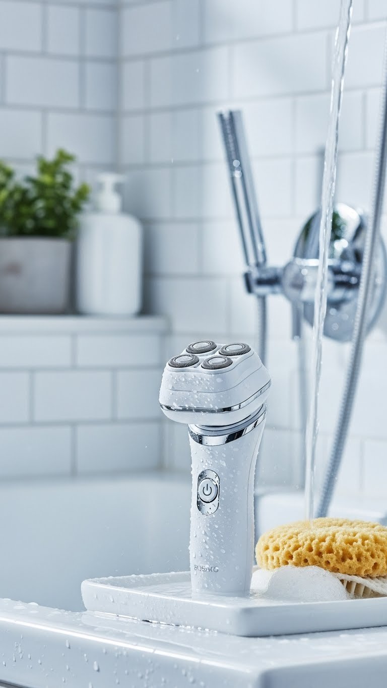Sleek women's waterproof electric shaver with water droplets on minimalist shower shelf in modern bathroom