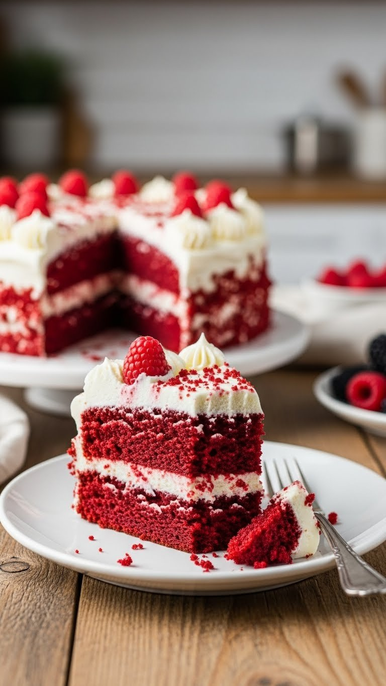 Slice of vibrant red velvet heart-shaped cake with cream cheese frosting on white plate with rustic fork and berries background