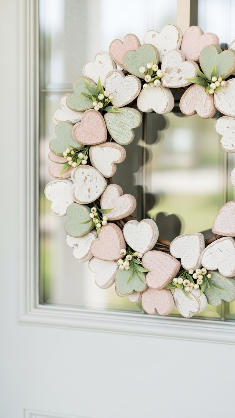 Small wooden heart wreath with distressed pastel hearts on grapevine base hanging on light-colored painted door