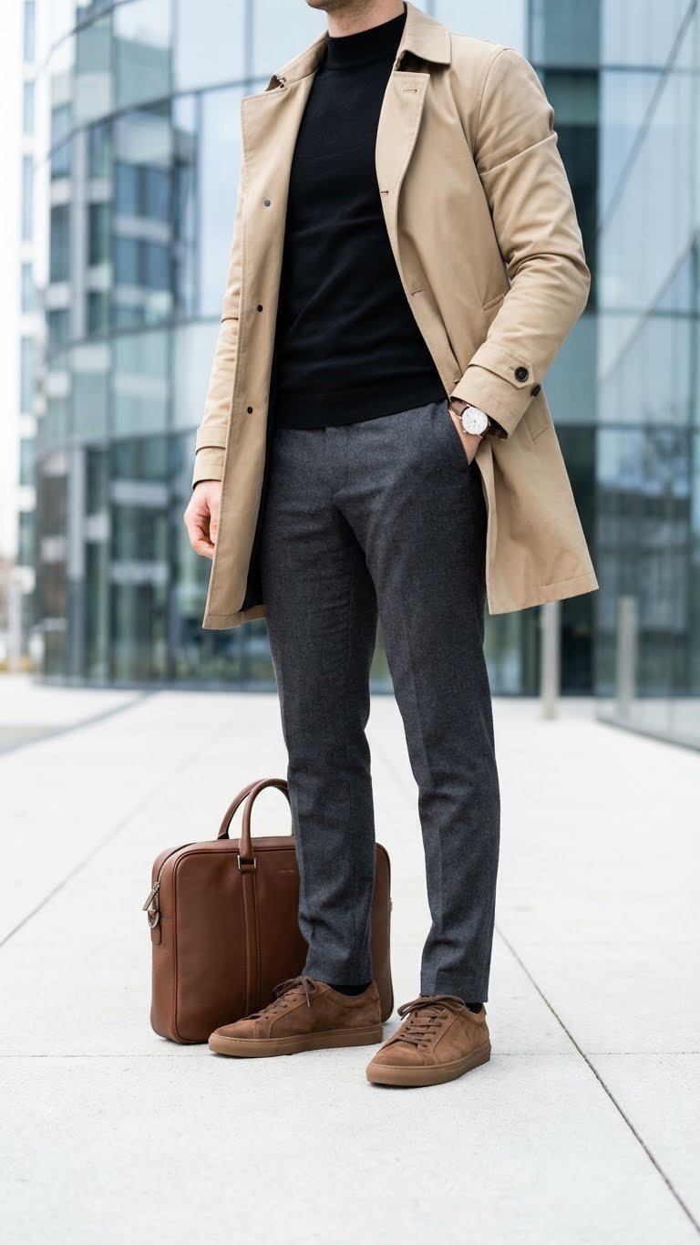 Smart casual winter outfit: tailored wool trousers, mock-neck sweater, beige trench coat, low-profile suede sneakers, urban.