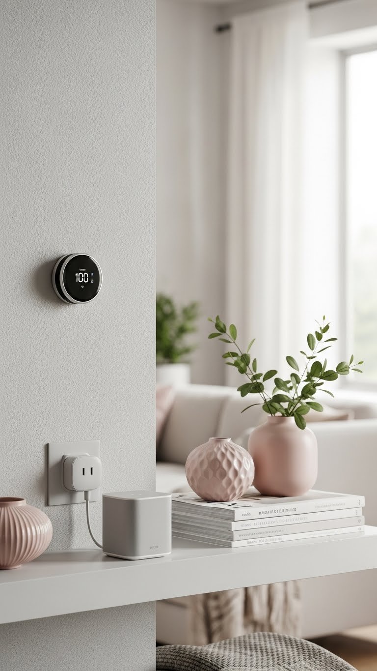 Smart home devices including thermostat, speaker, and plug integrated into modern living room wall