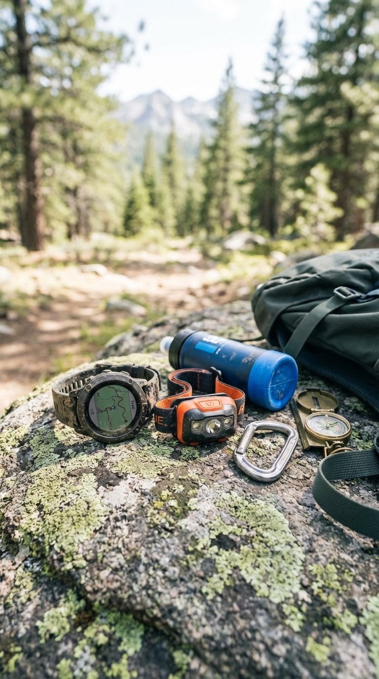 Smart outdoor gear including waterproof watch, headlamp, and water filter arranged on natural rock surface for adventure photography