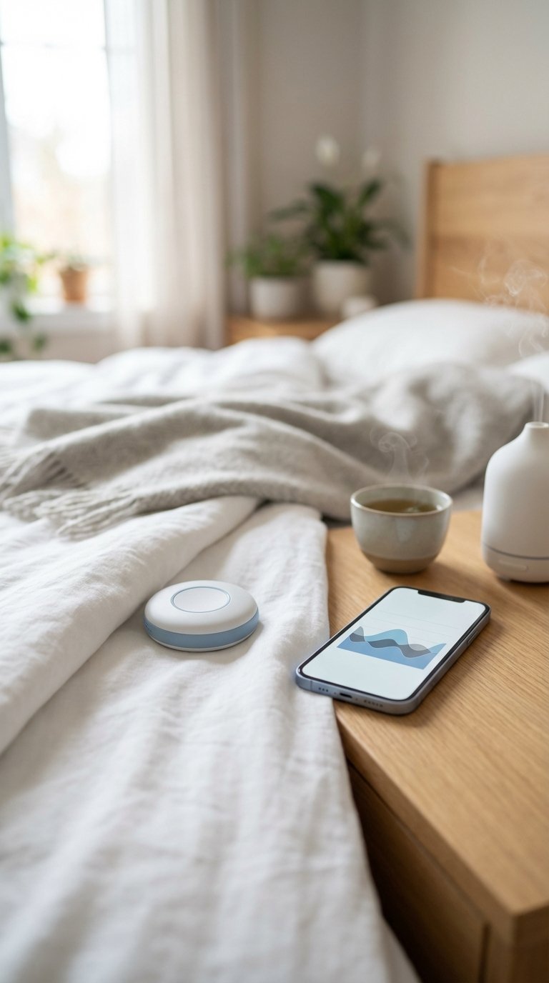 Smart sleep tracker integrated into bedsheet next to smartphone displaying sleep analysis app interface