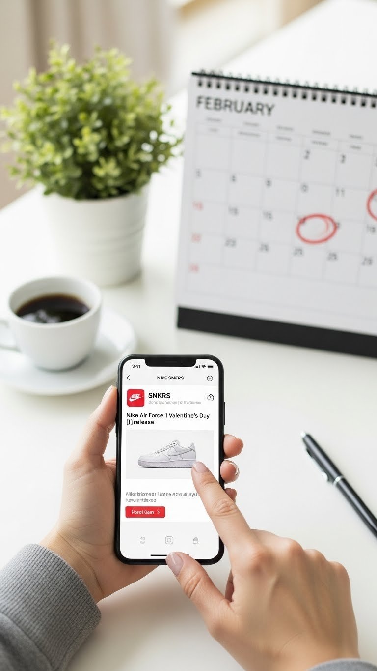 Smartphone displaying Nike SNKRS app notification for Valentine's Day Air Force 1 release with calendar marked for February dates