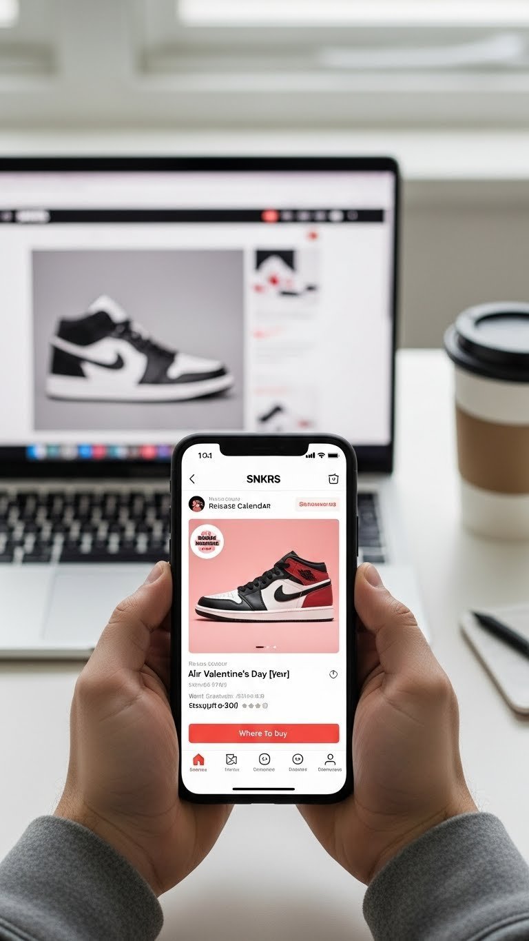 Smartphone screen displaying SNKRS app with Air Jordan 1 Low Valentine's Day release on modern desk background