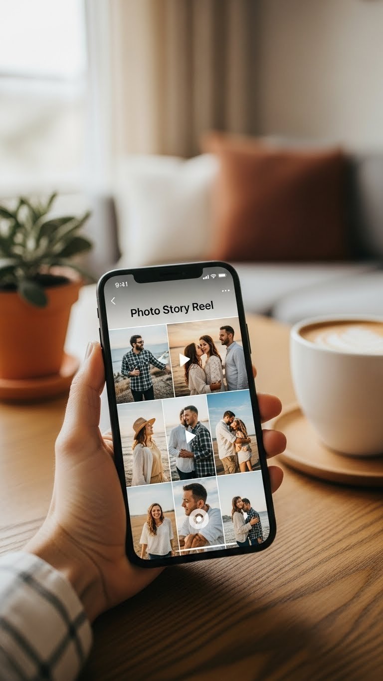 Smartphone screen showing dynamic photo story reel of candid couple moments with soft bokeh background.
