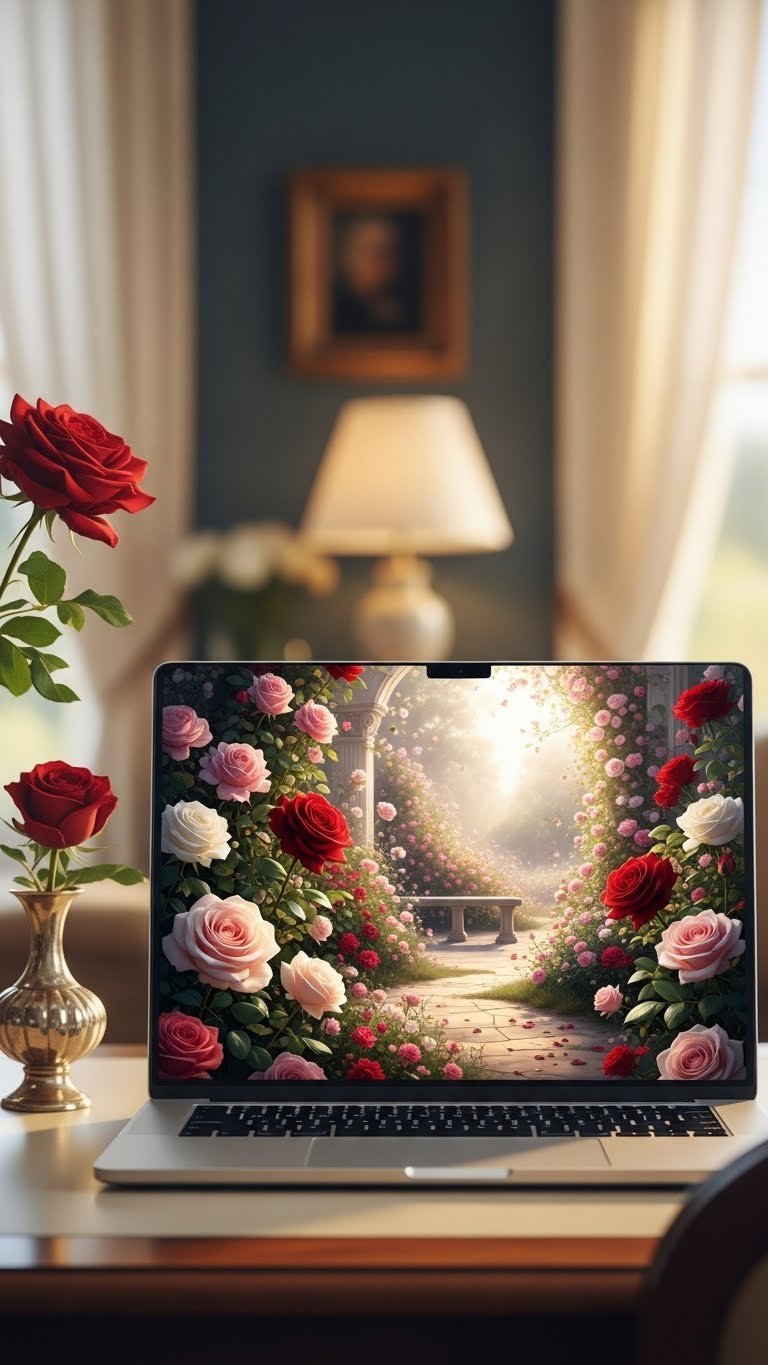 Smartphone showing cozy fireplace bokeh virtual background on soft blanket with warm golden hour lighting