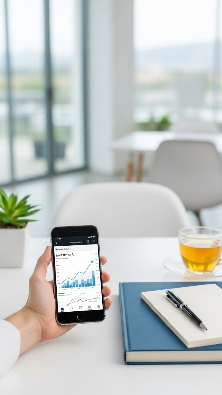 Smartphone showing financial app graph with investment book on clean white desk