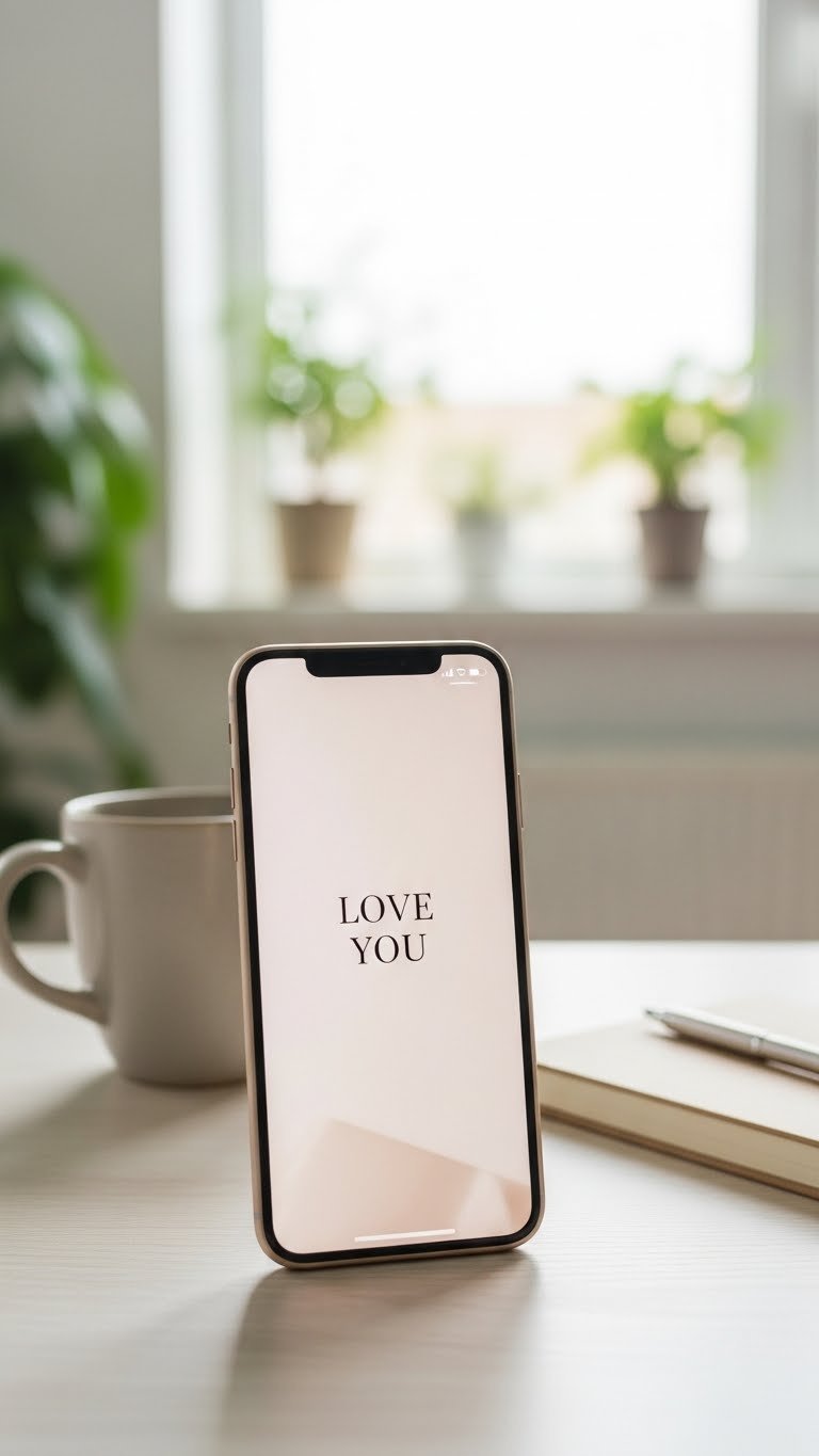 Smartphone showing minimalist 'Love You' text lockscreen on light wooden desk with coffee mug