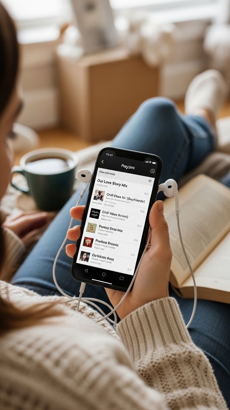 Smartphone showing personalized music playlist interface with earbuds on cozy textured blanket