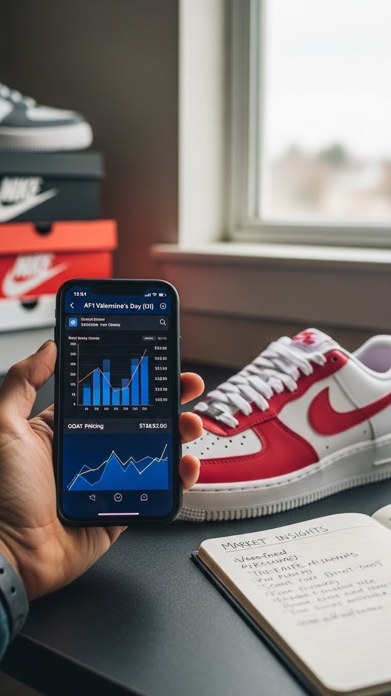 Smartphone showing sneaker resale market data charts next to Nike Air Force 1 Low Valentine's Day shoe on desk