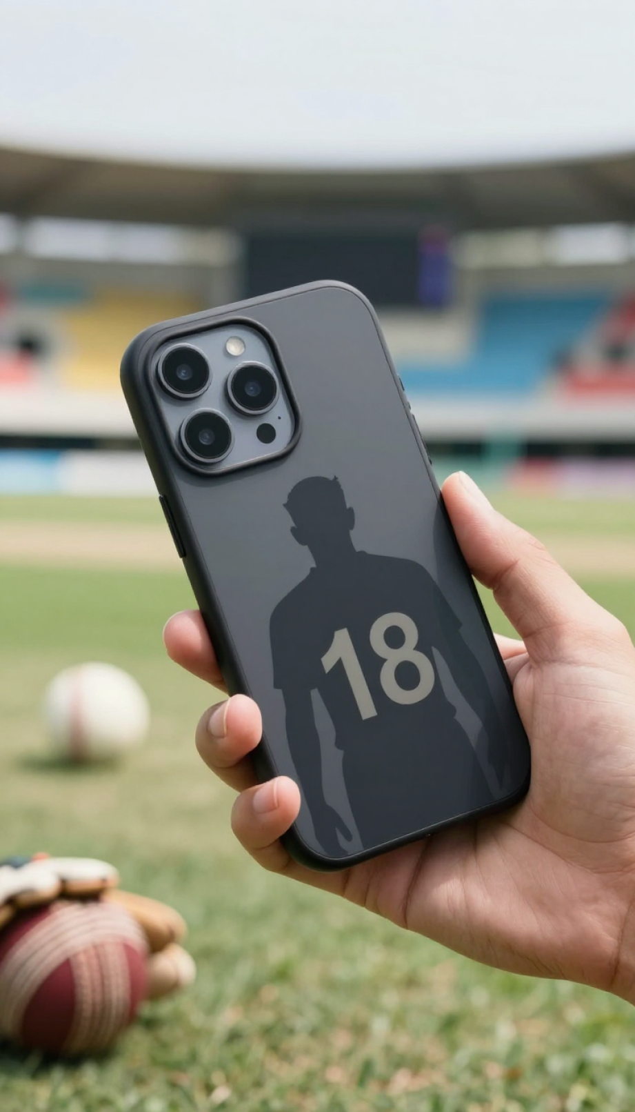 Smartphone with Virat Kohli themed phone case held in hand against blurred cricket stadium background
