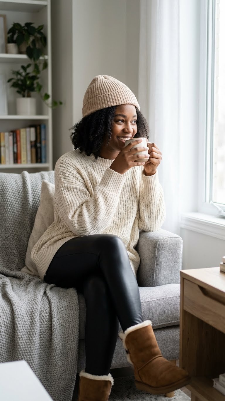 Smiling Black woman enjoys mug in cozy cream knit sweater, black leggings, and shearling boots indoors.